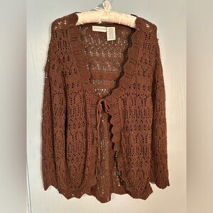 White Stag chocolate brown open knit design cardigan, tie front, L, EUC